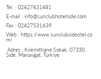 Sun Club Hotel Side iletiim bilgileri